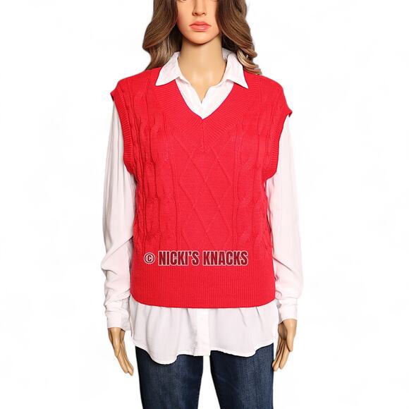 Sincerely Jules Red Cable Knit Sleeveless Sweater V-Neck Academia Preppy Size L - Picture 6 of 13